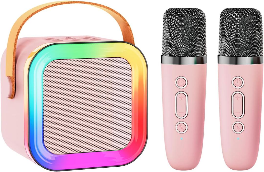 Mini Karaoke Machine Speaker for Kids Adults,Portable Bluetooth with 1-2 Wireless Microphones,Christmas Birthday Gifts Toys Girls Boys Ages 4, 5, 6,7, 8,9,10,11,12+ Years Old Toddler (Pink - 2 Mic)