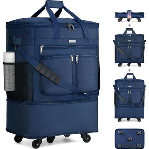 MILADA Expandable Luggage Bags for Travel Foldable Suitcase with Wheels Collapsible Rolling Travel Duffle Bag Lightweight Large Suitcases without Telescoping Handle, Blue