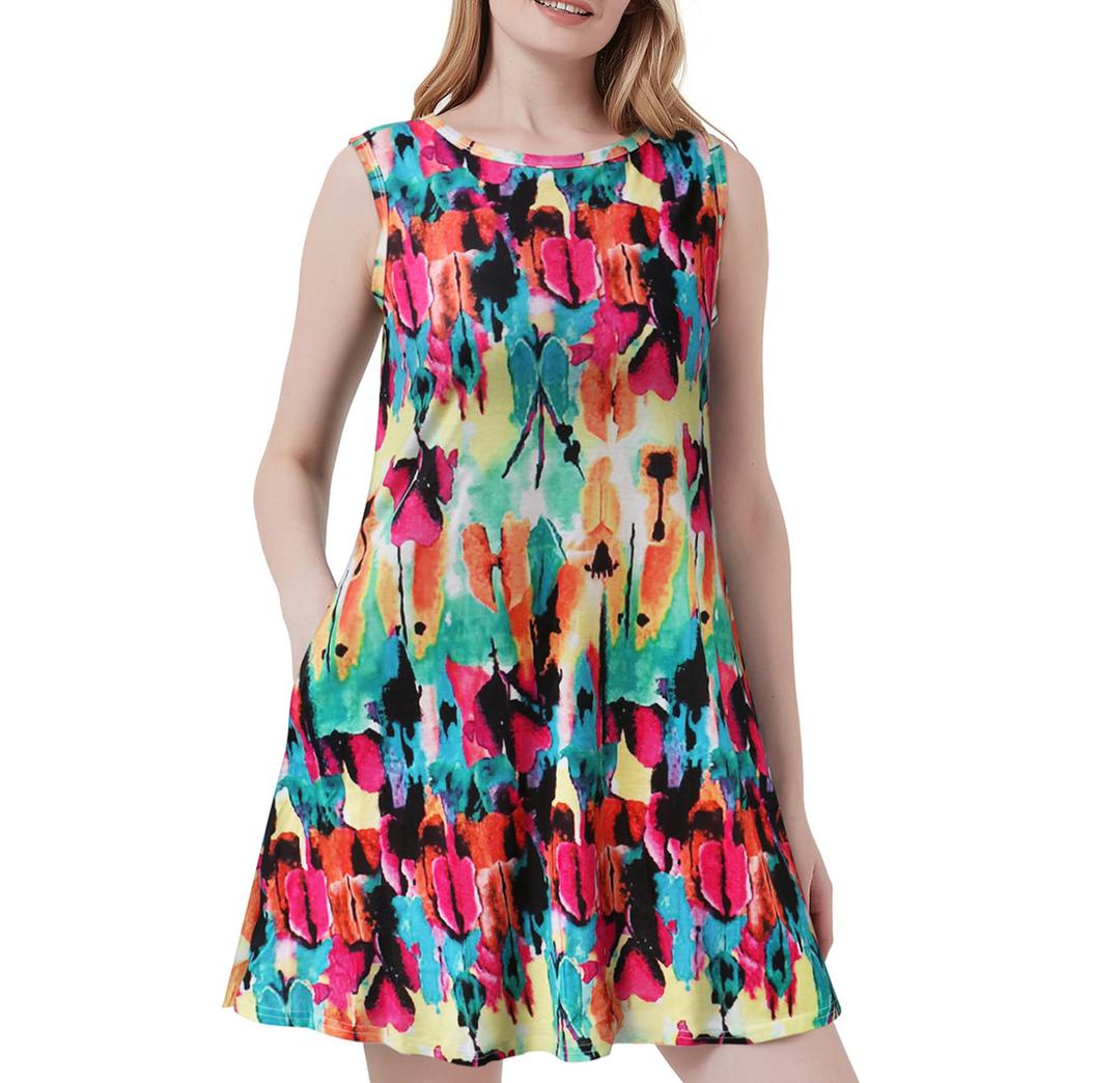 Scotamalone Summer Dresses for Women Casual Beach Travel Vacation Floral Tshirt Sundress Tank Dress Sleeveless with Pockets Colorful (S)