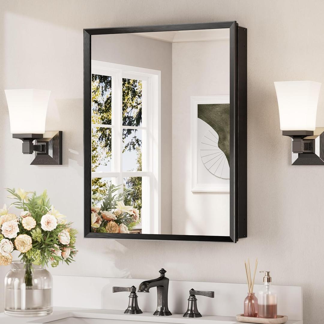 Keonjinn Matte Black Medicine Cabinet Mirror 20 x 26, Adjustable Shelves