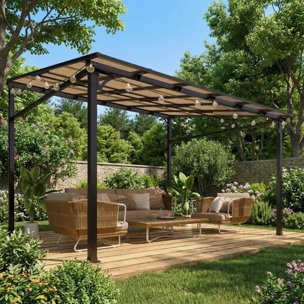 10x12ft Lean to Gazebo with Polycarbonate Hardtop Roof - Hardtop Wall Pergola, Aluminum Frame Wall Mounted Gazebo for Patio, Deck, Yard, Garden & Party Shade