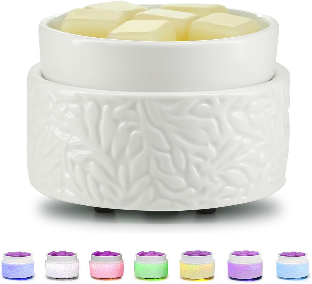 Wax Melt Warmer for Scented, Wax Melts 7 LED Color Changing Ceramic 3-in-1 Oil Burner Waxs Melter Electric Candle Wax Warmer for Home Fragrance Great Gift