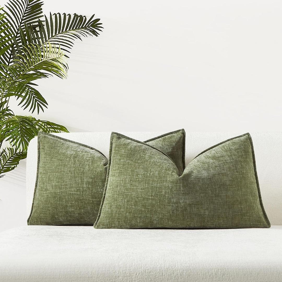 JUSPURBET Sage Chenille Lumbar Throw Pillow Covers 16x24 inch Set of 2 Decorative Soft Textured Cushion Cases for Living Room Sofa Couch Bed Solid Home Decor Broadside Pillowcases