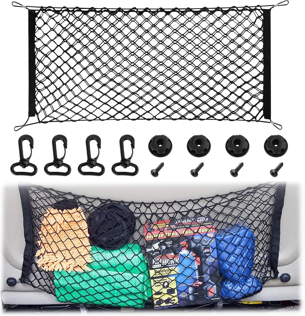 Premium Dual-Layer Nylon Cargo Net-Adjustable Elastic Trunk Storage Net with Hook-Cargo Net for Pickup Truck Bed for SUVs, Cars, and Trucks(35.4x15.7 Inch)