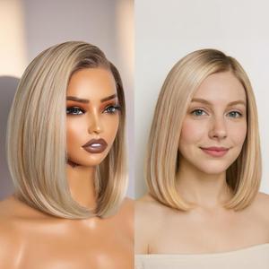 GORGIUS Ombre Blonde Bob Lace Front Wigs with Brown Roots Pre Cut Glueless Side Part Short Straight Wig For Women Pre Plucked Hairline 12 Inch (#T4633)