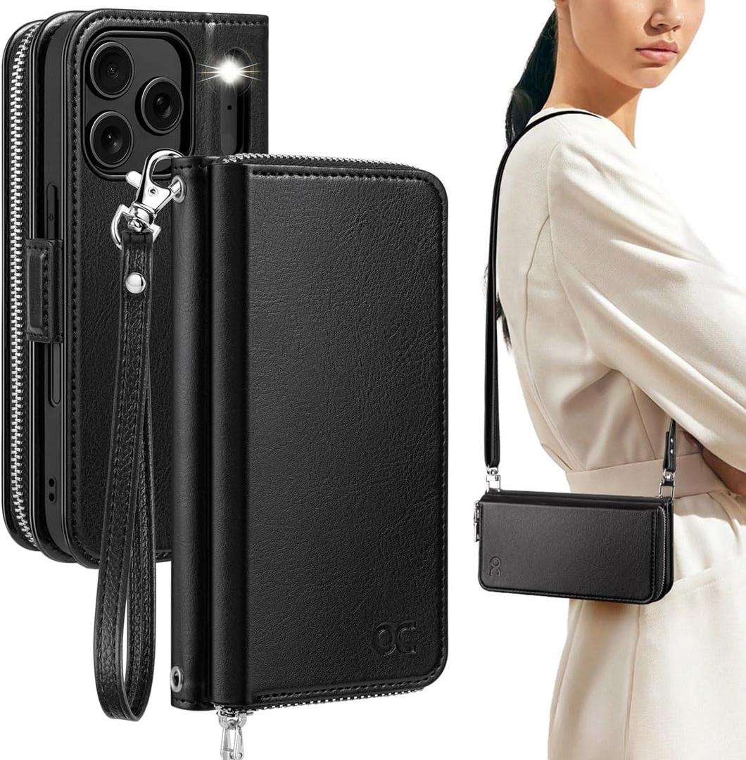 OCASE for iPhone 17 Pro Crossbody Wallet Case - Stylish PU Leather Handbag Phone Purse with Zipper Closure, 10 Card Slots & RFID Blocking - Wrist Strap, Lanyard, Kickstand - Black