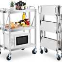 Upgraded Superior Foldable Stainless Steel Utility Cart, 300 LBS Heavy - Duty Load Limit, 3 - Tier Extra - Large Storage with Lockable 360 Rotating Wheels, Heavy - Duty Rolling Cart for Restaurant, G
