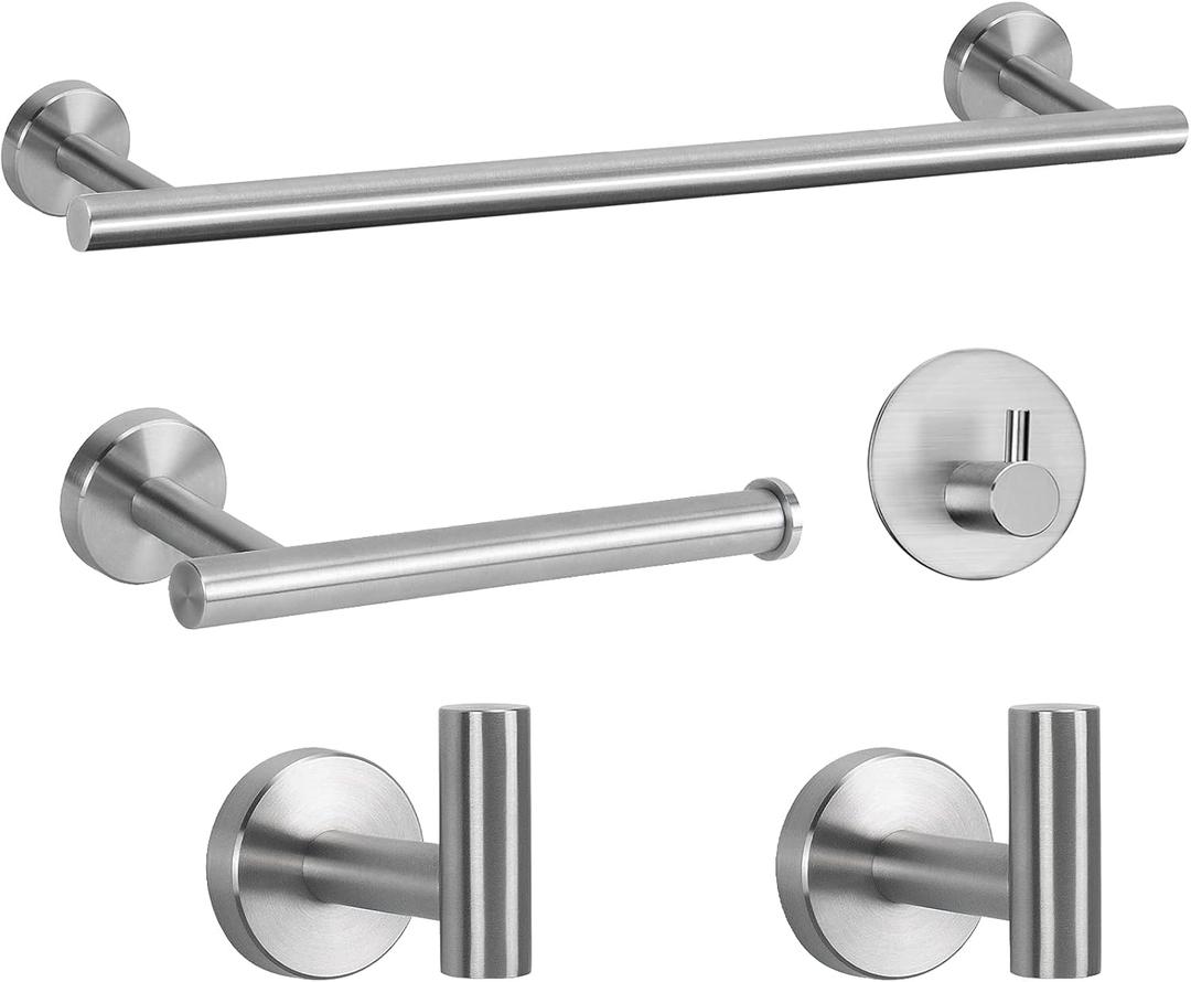 Brushed Nickel Bathroom Accessories Set - 3 Piece Round Stainless Steel Bath Hardware Accessory Including Towel Rack&Toilet Paper Holder&Towel Ring&Robe Towel Hook for Bathroom Wall Mounted