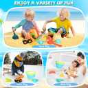 HUITEM Beach Sand Toys for Kids, 29PCS Sandbox Toys with 2 Collapsible Bucket Sand, 2 Dump Truck, Dinosaur Molds, Castle Building Kit, Shovel Sieve,Flags,Mesh Bag Travel Beach Toys for Toddler 3-10