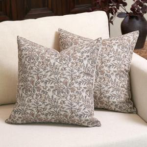 Amor Virisso Floral Throw Pillow Covers 18x18 Set of 2 Vintage Block Print Pillow Covers Decorative Pillow Covers Couch Pillows for Living Room Farmhouse Accent Sofa Pillows, Red/Sand