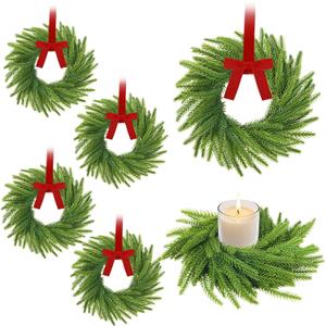 6 Pcs Mini Christmas Wreaths for Kitchen Cabinet, 7.87" Small Christmas Wreath with Ribbon Bows, Norfolk Pine Candle Ring Holder for Table Centerpiece Window Chair Wall Decors