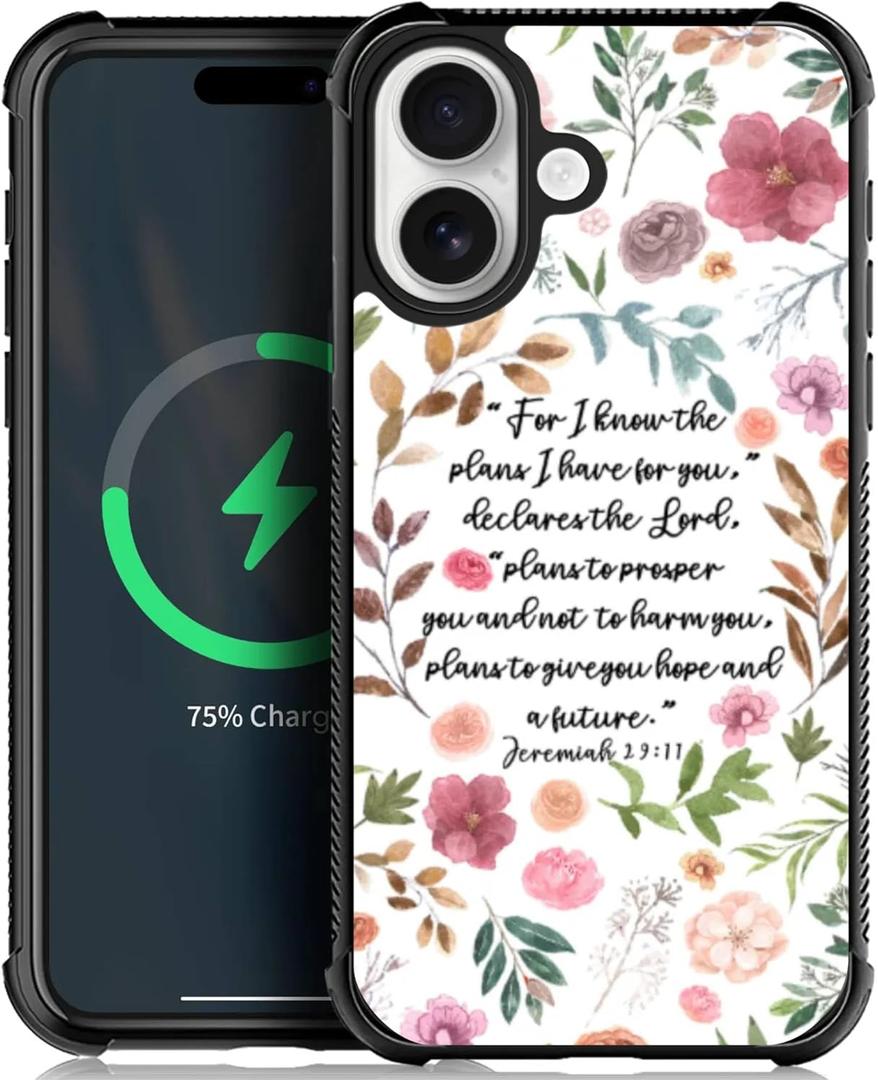 Case for iPhone 17 [Compatible with Magsafe], W Bible Verses Floral Inspirational Soft TPU Bumper Hard PC Back Anti-Fall Shockproof Protective Magnetic Cover