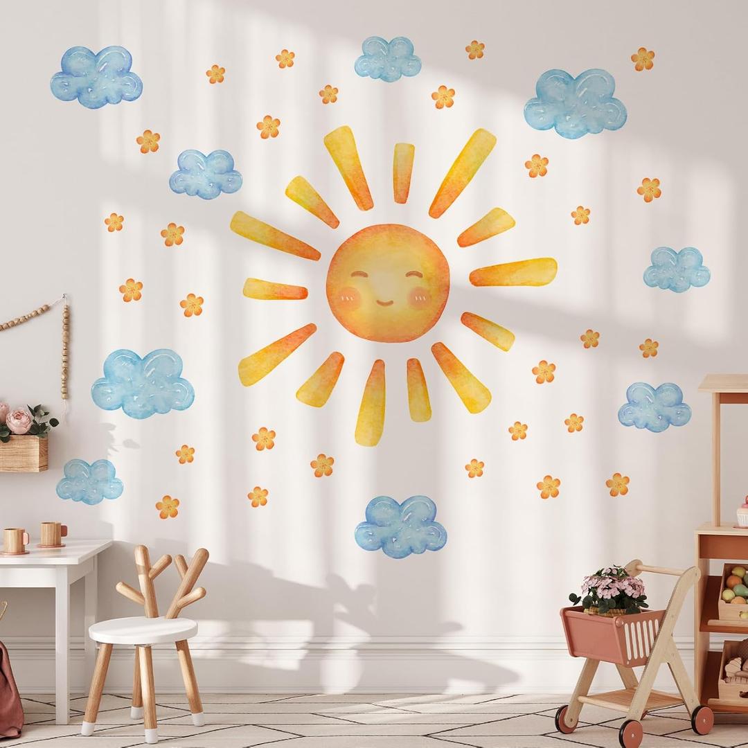 35.4 11.8 Inch Sun Clouds Wall Decal Watercolor Mural Modern Vinyl Removable Peel Stick Sticker for Nursery Room Playroom Living Room Bedroom Decor