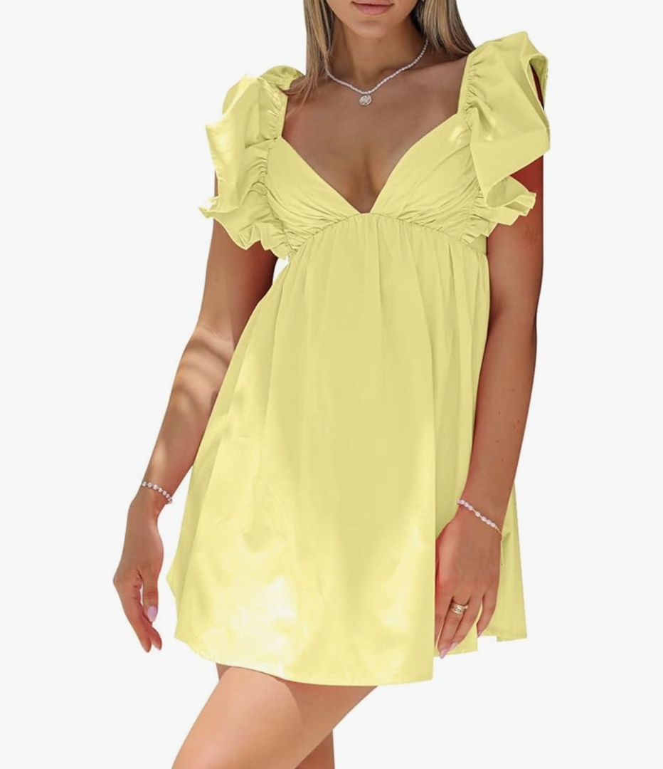 hibshaby Womens Sexy Deep V Neck Ruffle Sleeve Mini Dress Backless Lace Up Summer Dresses M