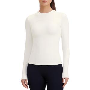 Womens Yoga Tops Long Sleeve Tight Workout Shirts Slim Fit Stretch Cream Feeling Gym Athletic Tee Crewneck (X-Large, Milk White)