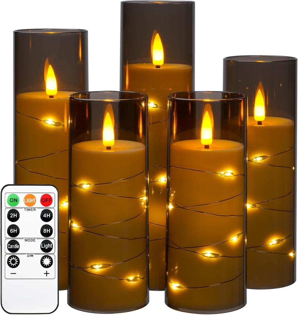 Da by Flameless Candle Light, Battery Candle with recessed String Light, 5 flameless Candles with 11-Key Remote Control, 24-Hour Timer Function, Dancing Flame, (no Battery)