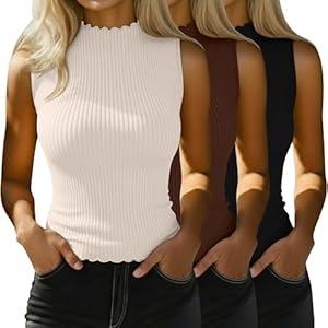 Riyiper 3 Pack Women's Sleeveless Mock Turtlenecks Shirts Lettuce Trim Ribbed Knit Slim Summer Casual Tank Tops Basic Tees(Black, Brown, Cream,Small) Size S.