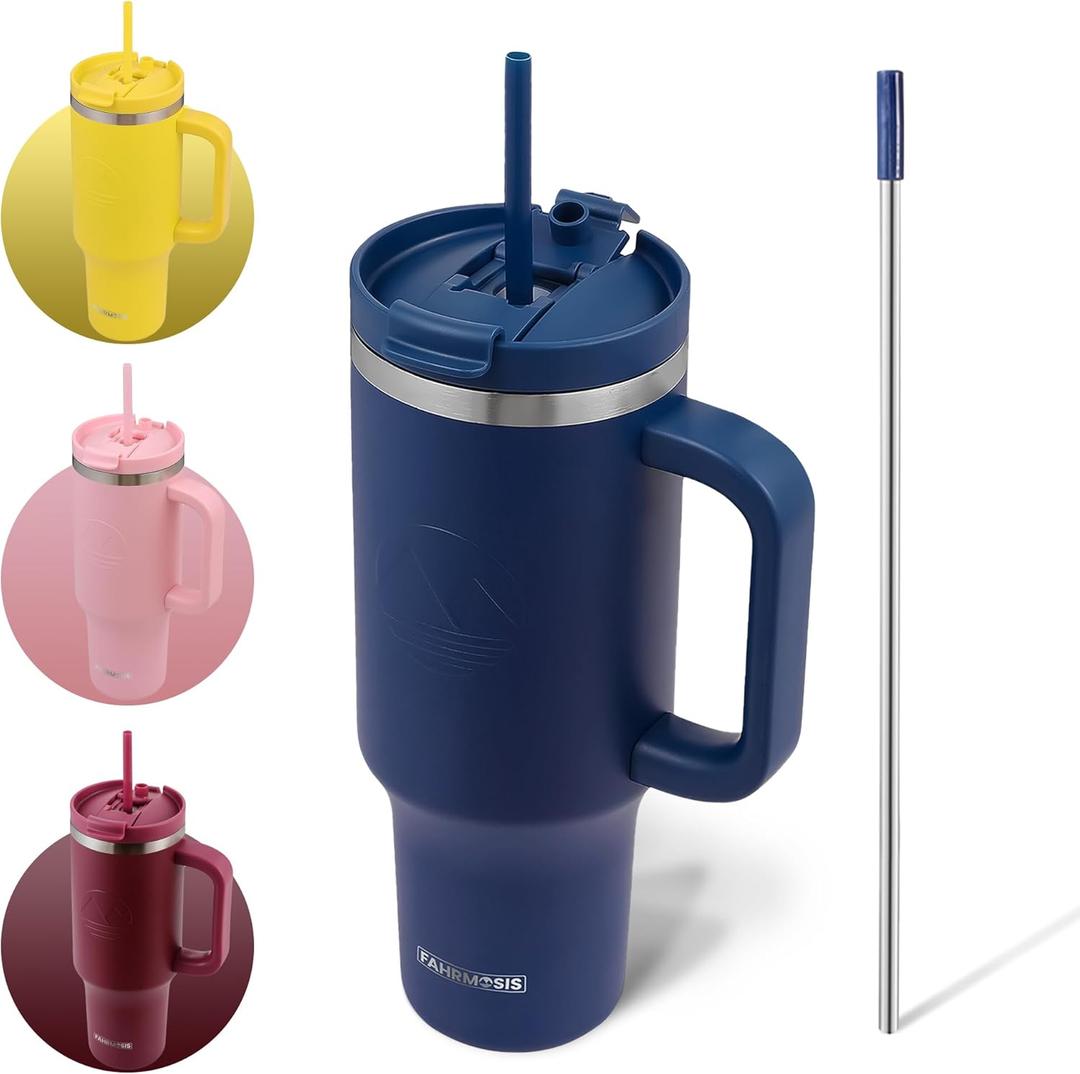 40 Oz Tumbler with Handle and Straw Insulated Cup that Fits in Cup Holder for Hot & Cold Drinks Leak Proof Tumbler with Straw Stainless Steel Travel Mug for Men & Women - Navy Blue