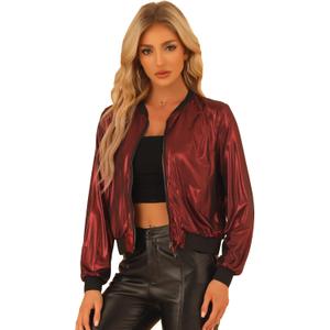Allegra K Women's Halloween Jacket Sparkly Crew Neck Long Sleeve Holographic Lightweight 90S Shiny Metallic Bomber Jackets X-Large Red (L)