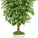 Artificial Ficus Tree 5FT Faux Floor Tree with Planter UV Resistant Potted Fake Silk Plant, Real Wood Trunk-Indoor Outdoor Lifelike Fake Ficus Tree for Home, Living Room Bedroom Topiary Tree (White)