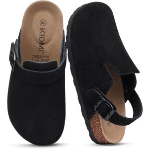 KIDMI Women's Suede Clogs with Back Strap Men's Leather Mules Cork Footbed Slip on Potato Shoes (14 Women/12.5 Men, Black)