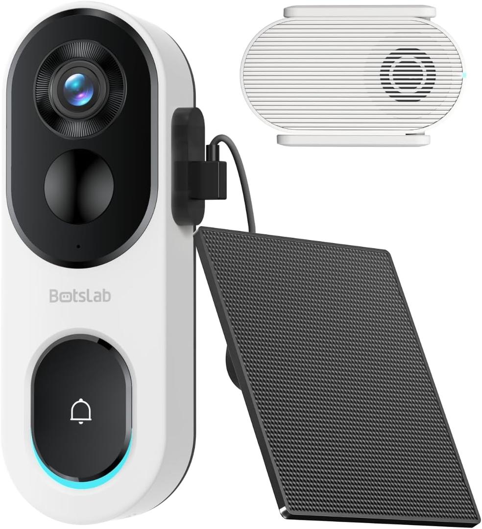 BOTSLAB 2K Doorbell Camera Wireless with Solar Panel, Nonstop Power Video Doorbell with Head-to-Toe View, No Monthly Fee, 2-Way Audio, Human Detection, 5200mAh Battery, 2.4Ghz WiFi