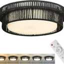 Black Rattan Ceiling Light, HWH 24W LED Flush Mount Close to Ceiling Light, 16'' Boho Light Fixtures Ceiling Twine Coastal Lighting Fixtures for Bedroom Hallway 5CCT Remote Control, 5HYS78MF-LED BK (15.7 Inch)
