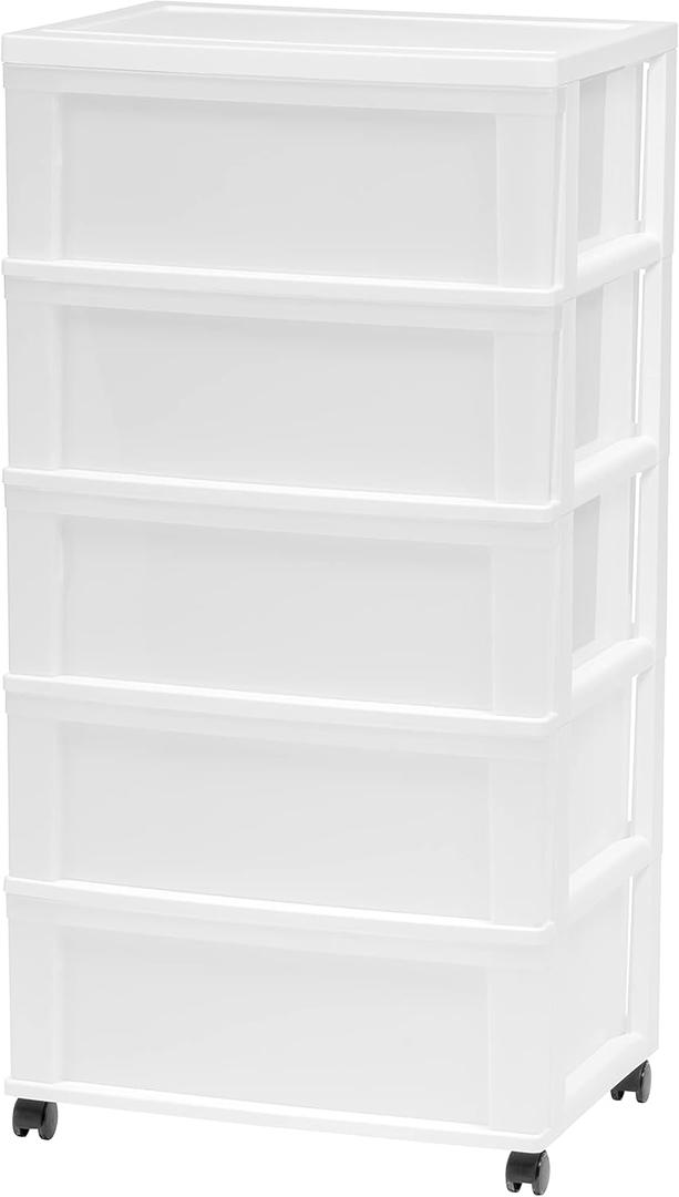 IRIS USA Plastic Drawer Storage Organizer Rolling Cart, with Wheels Casters, 5-Drawers, for Art Craft Supplies Bathroom Dorm Bedroom Laundry Room, Wide, White