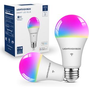 Lightinginside Smart Light Bulbs 100W Equiv., 1350LM 11W Smart Bulb Works with Alexa/Google Home/SmartLife, A19 E26 RGBCW Color Changing, No Hub Required, 2.4G WiFi Bluetooth Bulb, ETL Listed, 2PCS