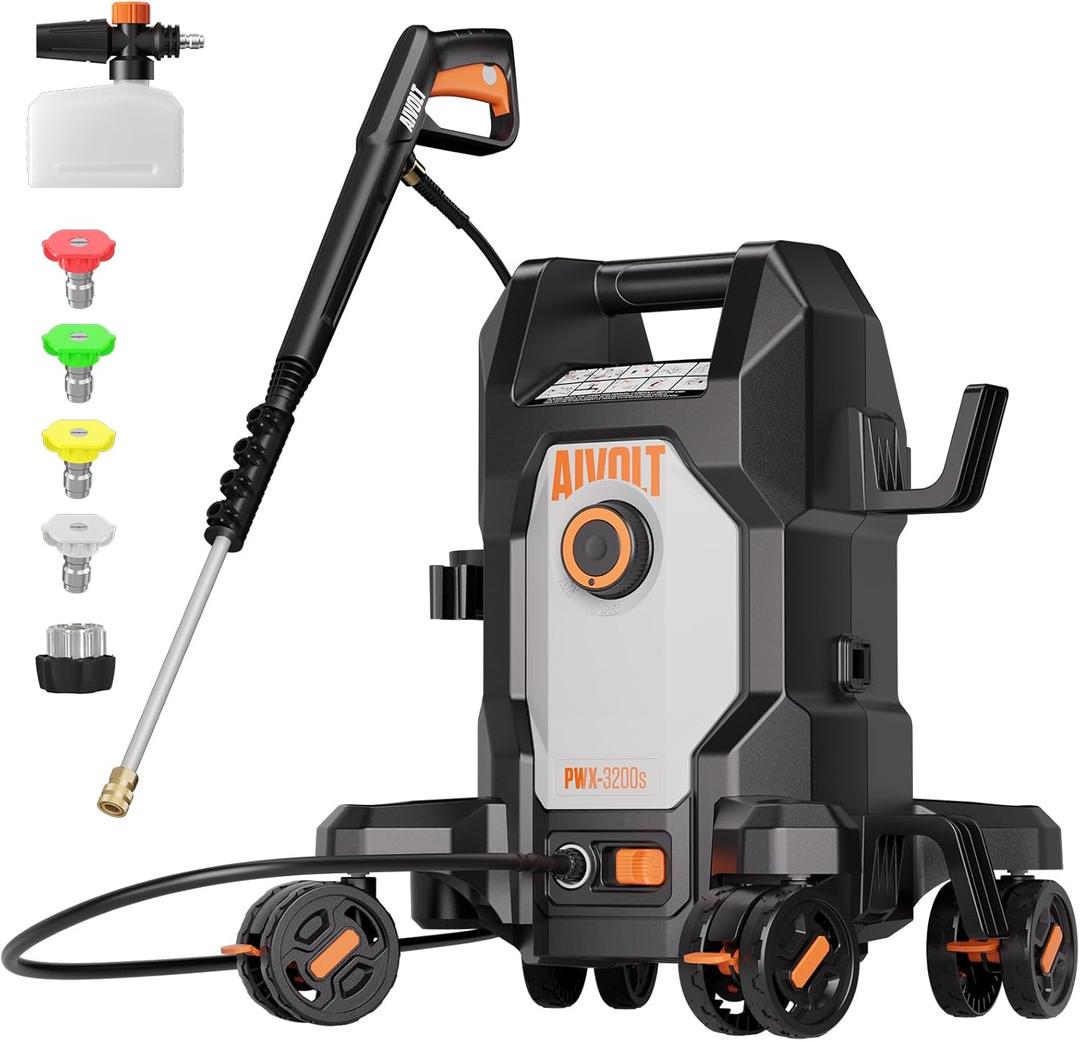AIVOLT Electric Pressure Washer, Anti-Tipping 4-Wheel Power Washer
Deep Cleaning Power, 5-Nozzle Set, 25FT Hose, Foam Cannon & Spray Gun, UL & CSA Certified for Cars, Patios & Fences