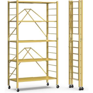 5 Tier Foldable Storage Shelves, Expandable Folding Shelving Units with Wheels, Changeable into 2 Shelf Units, Collapsible Adjustable Storage Rack Metal Shelves for Storage, Pantry, Garage, Gold