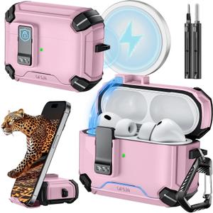 Inesore for AirPods Pro 3 Case (2025) with Phone Stand & Cleaning Kit,Compatible with Magsafe,Magnetic Automatic Lock Cover for AirPods Pro 3rd Generation, Pink
