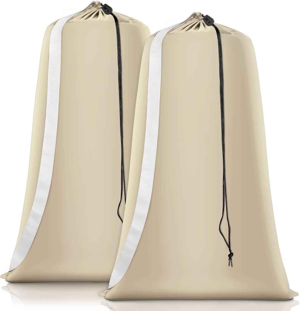 Heavy Duty Laundry Bag 2 Pack XL Nylon Laundry Bags with Straps, Washable Large Dirty Clothes Organizer with Drawstring Closure, Travel Washing Bag Fit a Laundry Hamper or Basket (Beige)