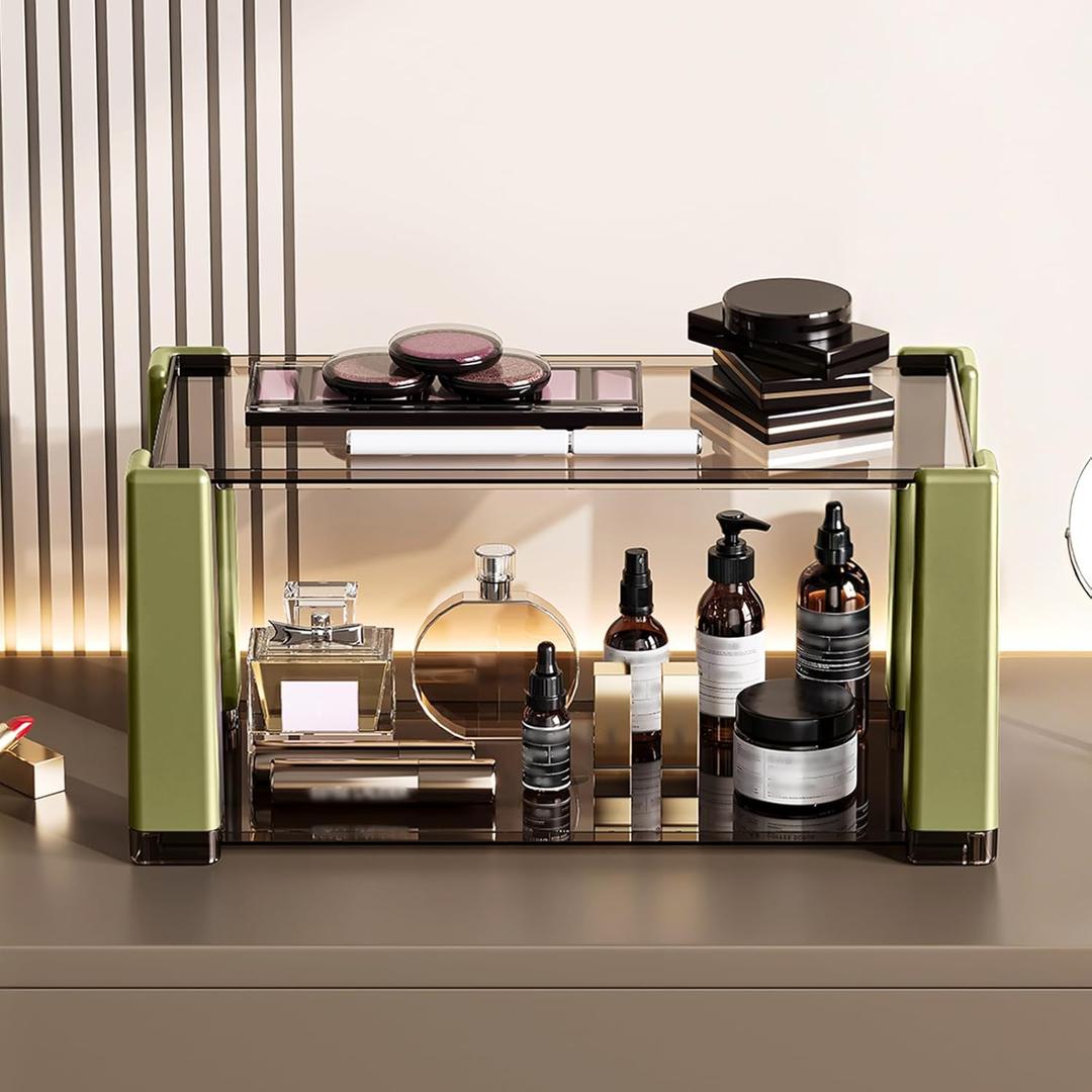2 Tier Makeup Organizer with Drawer,Perfume Organizer,Clear Organizer for Vanity,Kitchen,Pantry,Skincare Organizer for Women, Green (1.5"L x 11"W x 11"H)