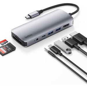 Belkin USB-C Hub, 7-in-1 Multiport Adapter - USB Docking Station with 4K HDMI, USB-C PD 3.0 Port, 2 x USB-A 3.1 Ports, SD Card & MicroSD Card Slots, & 3.5mm Audio Jack for MacBook, Air, iPad Pro, XPS