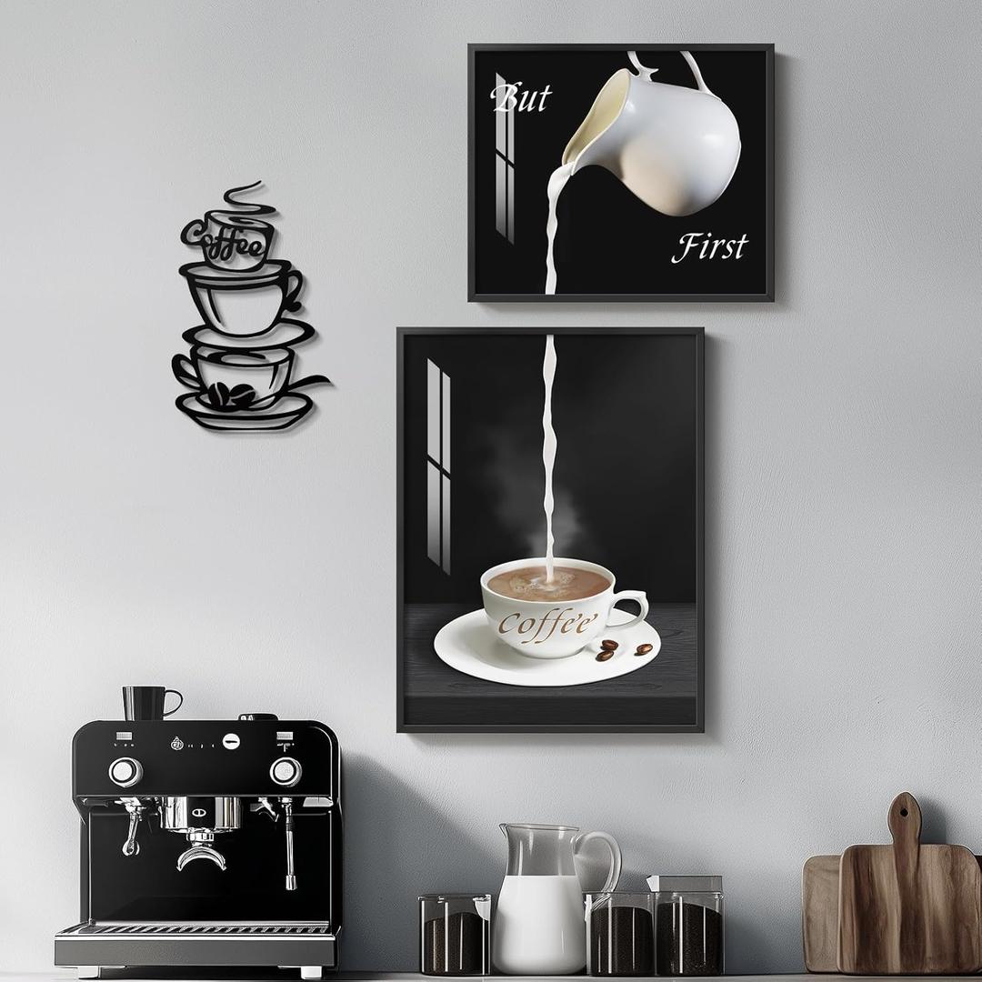 Framed Coffee Wall Art, Modern Black and White Signs Artwork for Walls, But First Coffee Prints for Kitchen Dining Room Bar Wall Decor