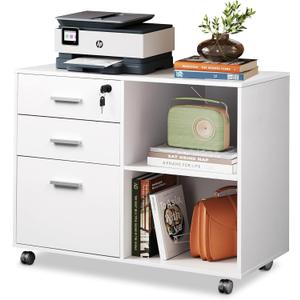 DEVAISE 3-Drawer Wood File Cabinet with Lock, Mobile Lateral Filing Cabinet, Printer Stand with Open Storage Shelves for Home Office, White