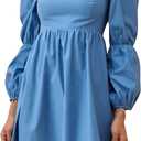 EXLURA Womens 2026 Square Neck Dress Long Puff Sleeve A-Line Casual Short Mini Dresses (Blue, XL)