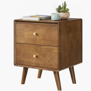 Solid Wood Nightstand with 2 Drawers, Walnut Mid Century Modern Nightstand, Wooden Night Stand, Small Side End Table with Storage for Bedroom