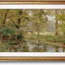 VIYYIEA Large Gold Framed Forest River Wall Art for Living Room, 24x36 Inch | Glass-Framed Impressionist Woodland Canvas for Office, Serene Stream Landscape, Rustic Aesthetic Decor for Nature Lovers