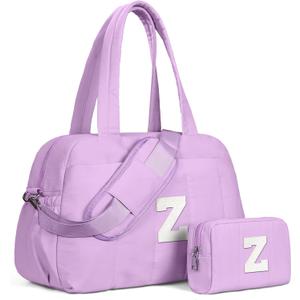Gifts for Girls-Initial Duffle Bag, Carry On Bags for WomenOvernight Bag with Wet PocketLightweight Travel Bags Personalized Gym Tote with Makeup Pouch (Purple)