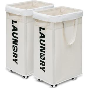 Goodpick Laundry Baskets with Wheels and Handle, 2-Pack 75L Collapsible Laundry Baskets, Clothes Laundry Basket with Removable Wash Bags for Corner Dorm, White Rolling Laundry Hamper