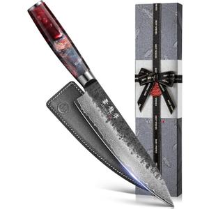 Japanese Chef Knife, 8 Inch VG10 Damascus Kitchen Knife, Professional Black Forged Kitchen Knives with Red Ergonomic Handle, Leather Sheath & Luxury Gift box, Mothers Day Gifts for Mom Wife