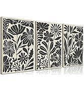 Ausril Black Floral Botanical Framed Canvas Wall Art Set, Abstract Floral Market Wall Decor, Modern Vintage Wall Painting, Boho Minimalist Art Print for Living Room Girl Room Office 16"x24"x3