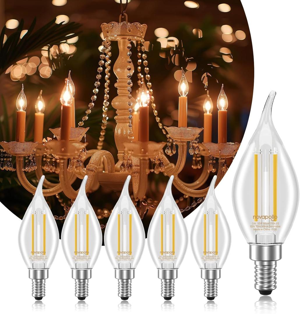 E12 Chandelier Light Bulbs, Dimmable 60 Watt Equivalent 2700K Soft Warm White Candelabra Light Bulbs for Bedroom, 500LM 5.5W Efficient Lightbulb, 6-Pack