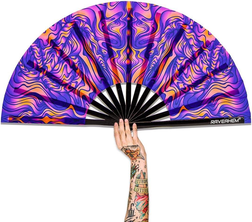 UV Glow Rave Fan, Bamboo Folding Clack Hand Fans Foldable for Men Women, Poping Fan for EDM Festival Line Dance Decoration, (Wellen, Large 13")