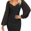 ZESICA Puff Long Sleeve Sexy V Neck Ruched Bodycon Mini Dress, M, Black