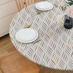 REDAMANCY Boho Beige Gold Geometric Leaf Modern Round Fitted Tablecloth with Elastic Edge Waterproof Oil Proof Table Cover Cloth Round Tables for Dinner, Outdoor, Picnic(Fitted to 45"-56" Diameter)