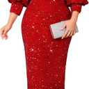 Women Sexy Sequin Off The Shoulder Puff 3/4 Sleeve Bodycon Dress Formal Party Cocktail Evening Midi Dress (Light Red)