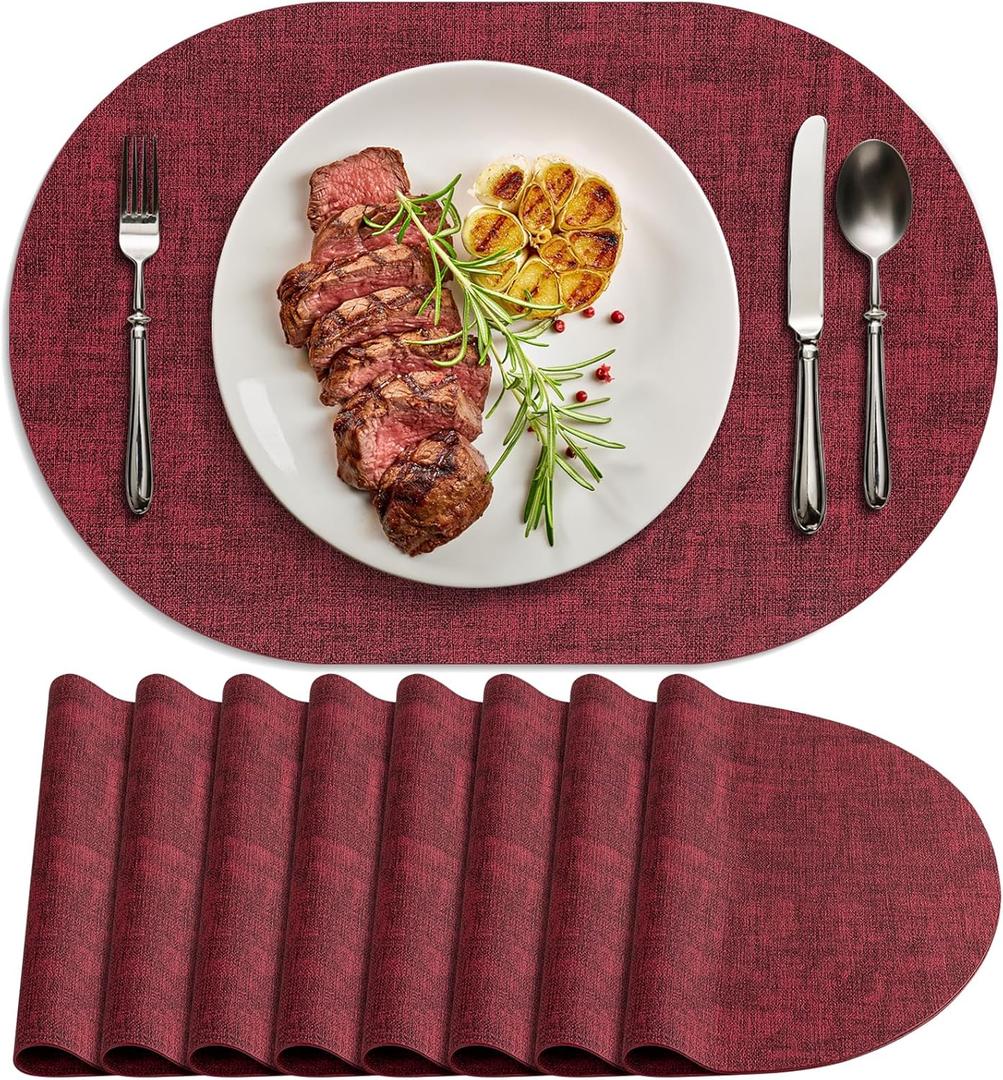 Placemats for Dining Table Set of 8 Non-Slip, Heat Resistant Oval Leather Placemat Double Layer, Waterproof Table Mats Easy to Clean for Kitchen Dining Room Coffee Office Table, Wine Red